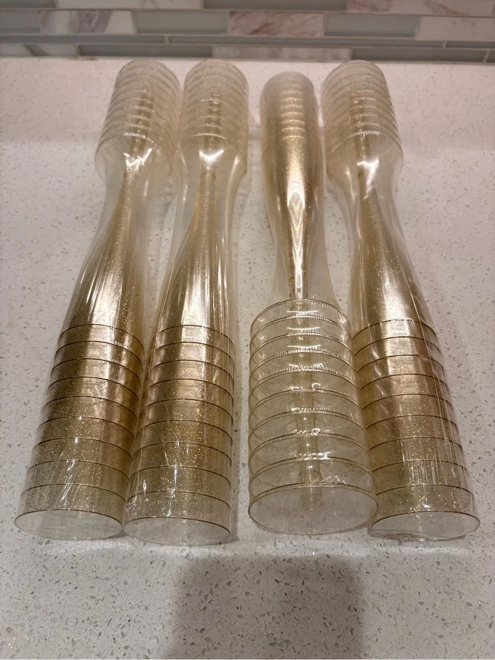 70 Gold Glitter Plastic Champagne Flutes | Reusable Party Toasting Glasses | 7”